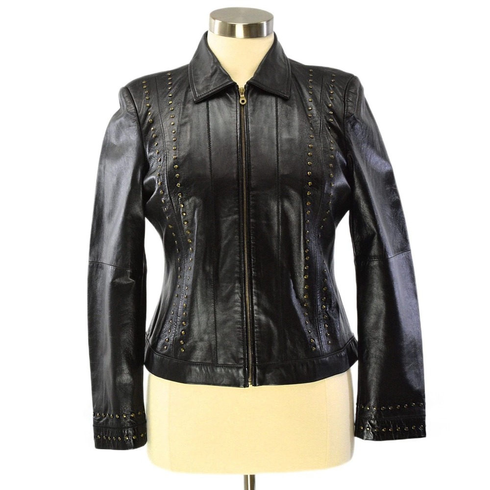 Womens L Lamb Leather Jacket Espresso Brown Studded Fitted Zip Front Steampunk